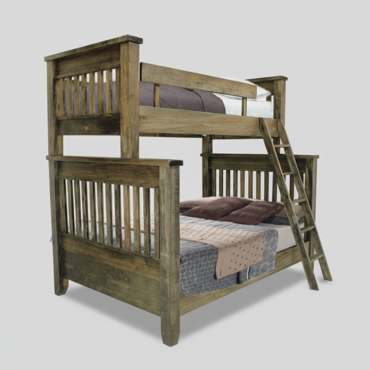 Wooden bunk bed with two beds and a ladder on a white background