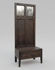 Wooden bench with mirror and hooks outdoors