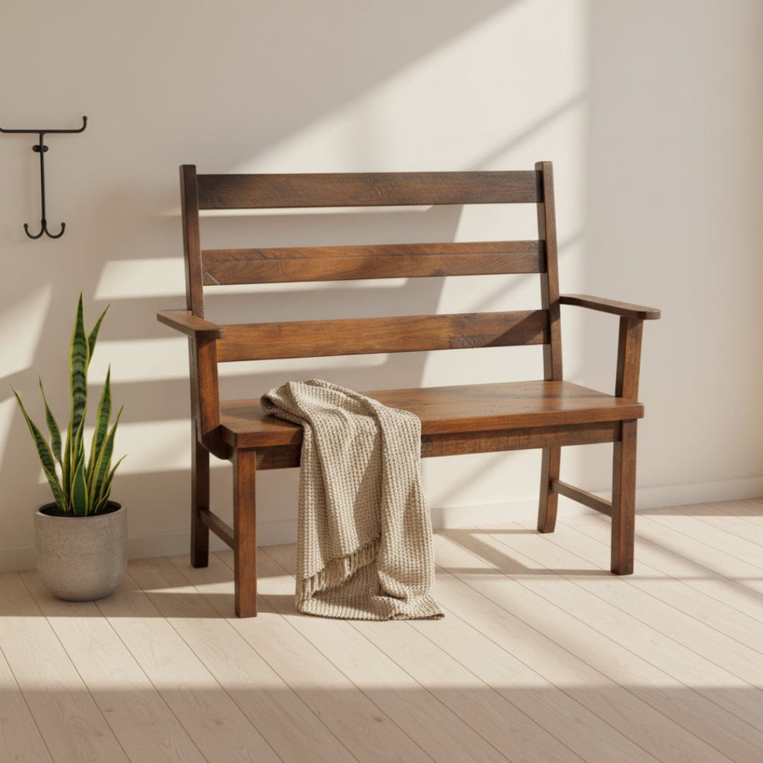 Wooden bench with armrests on a white background