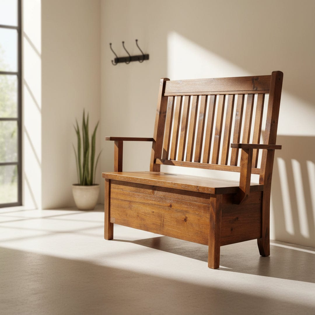 Wooden bench with slatted backrest on a white background