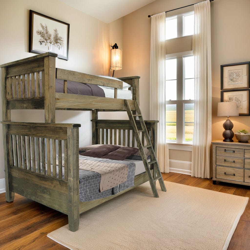 Wooden bunk bed in a bedroom with a window and decor.