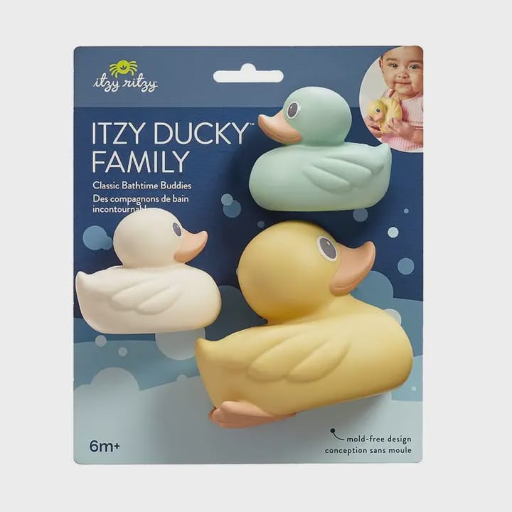 Packaging of Itzy Ritzy Itzy Ducky Family bath toy set with three ducks on a blue background.