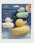 Packaging of Itzy Ritzy Itzy Ducky Family bath toy set with three ducks on a blue background.