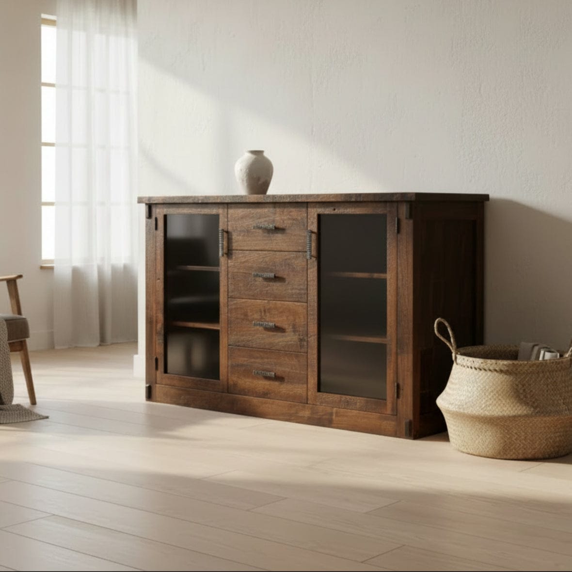 Wooden sideboard with glass doors on a white background
