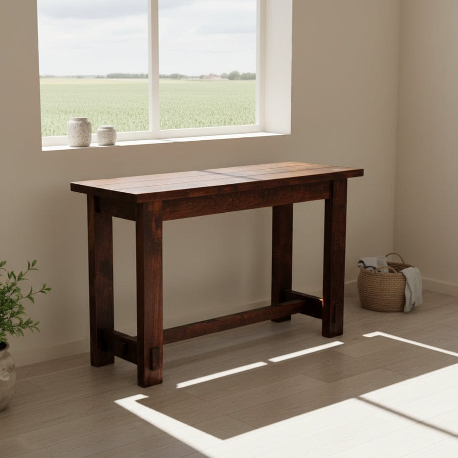 Wooden console table on a gray background