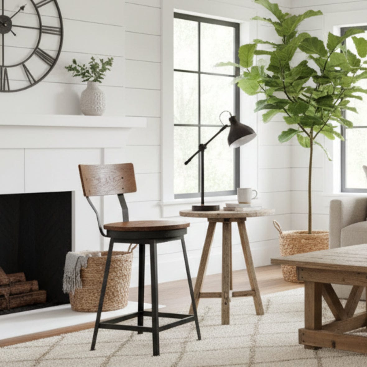 Wooden bar stool with metal legs on a white background