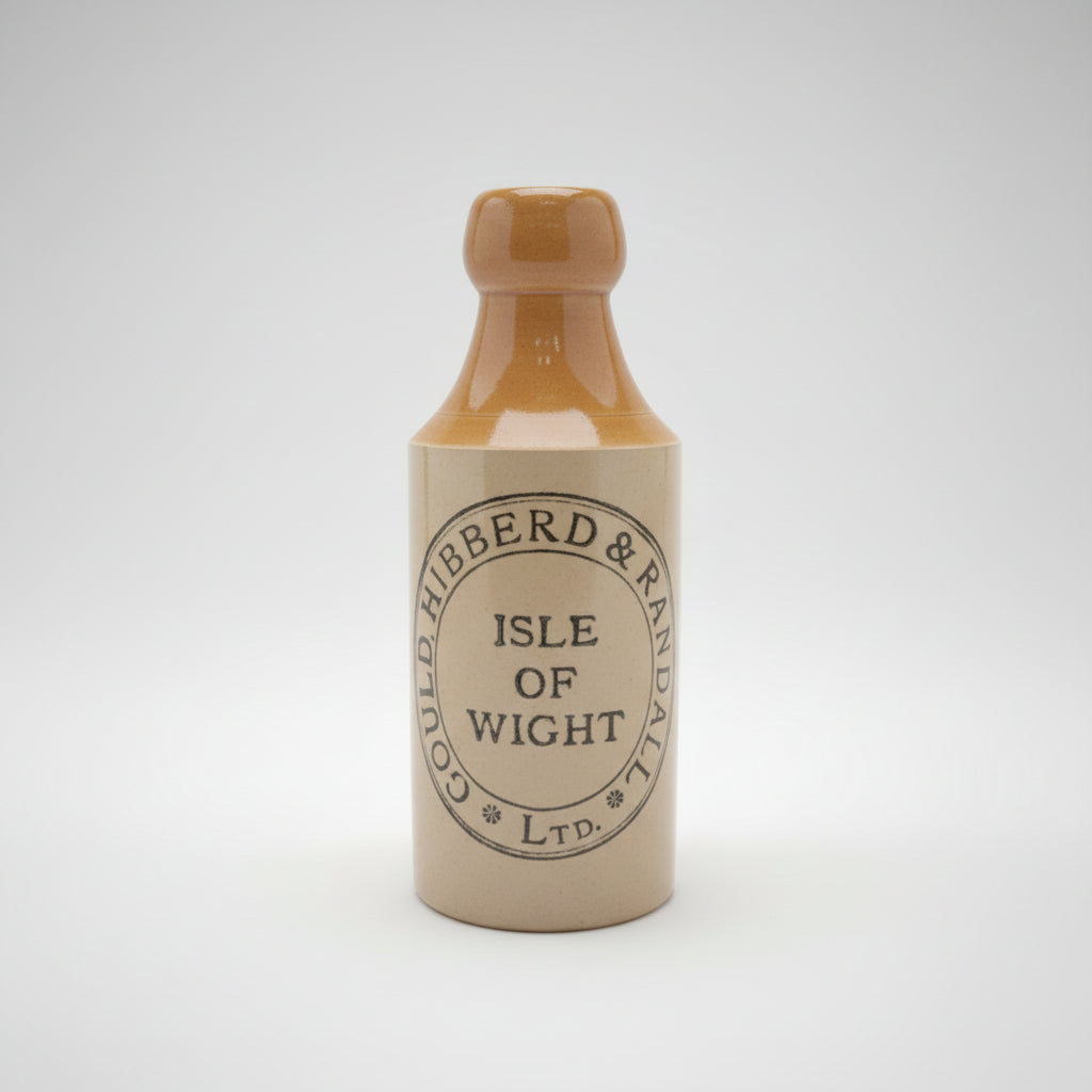 Vintage stoneware bottle with 'Gould, Hibberd & Randall' branding on a dark surface.