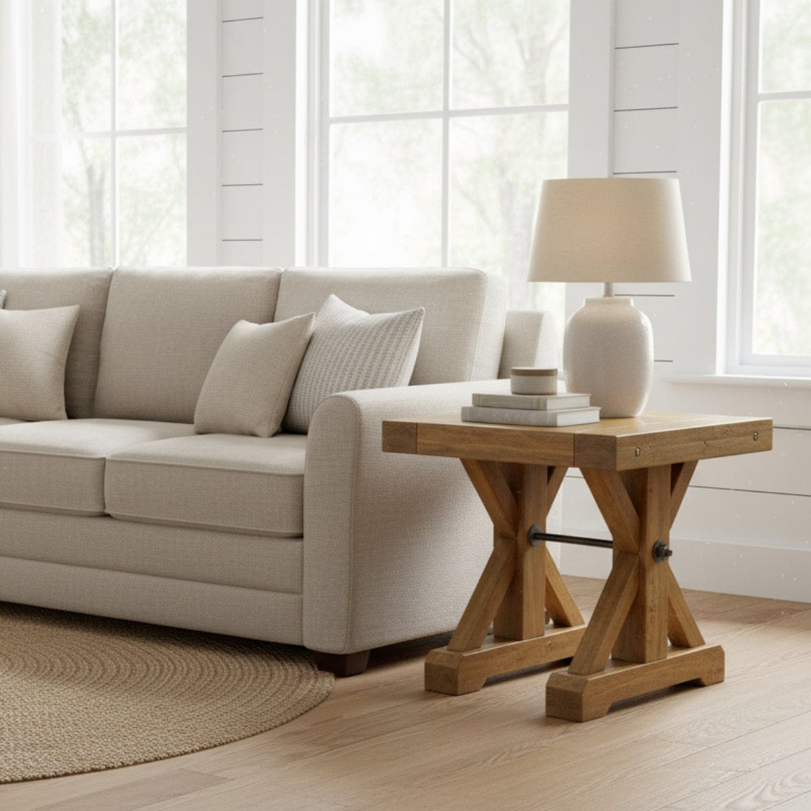Wooden side table with a rustic design on a white background