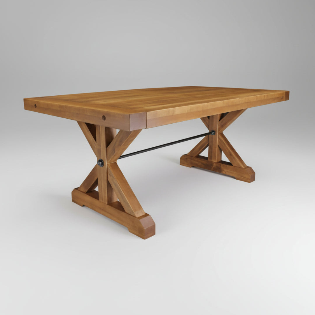 A rectangular Klondike table with a 3-inch thick built-up tabletop and a rod accent on the base, made of Canadian solid wood.