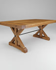 A rectangular Klondike table with a 3-inch thick built-up tabletop and a rod accent on the base, made of Canadian solid wood.