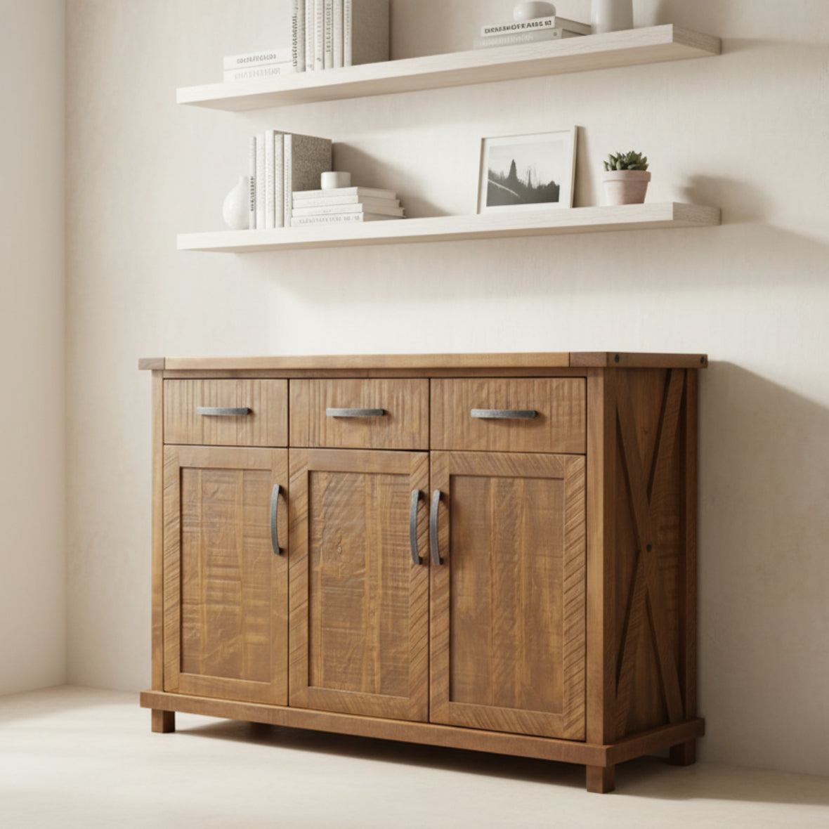 Wooden sideboard with three doors and two drawers on a white background