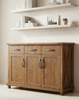 Wooden sideboard with three doors and two drawers on a white background