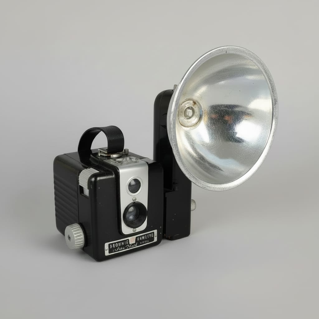 A vintage black and silver folding camera with an attached silver reflector, photographed on a neutral light gray background.