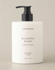 Lovefresh Eucalyptus & Sage essential cream bottle on a beige background