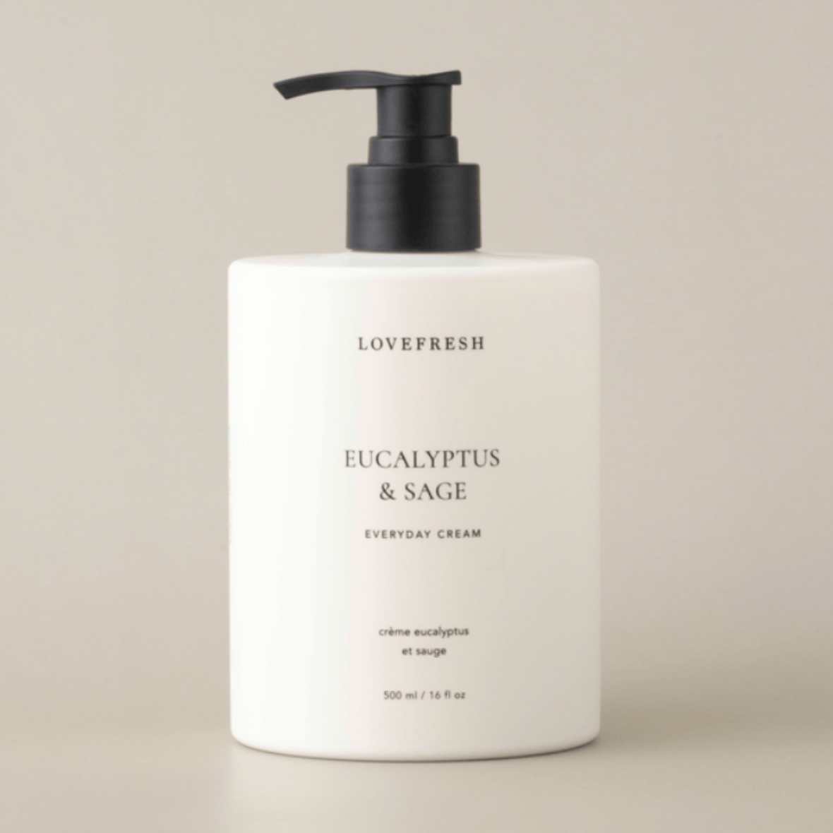 Lovefresh Eucalyptus & Sage essential cream bottle on a beige background