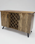A wooden Maxwell Sideboard with two doors and a wine rack, featuring sleek metal accent legs.