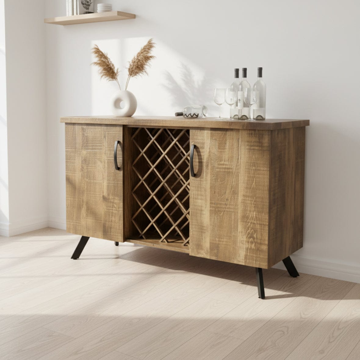 Wooden wine cabinet with lattice design on a white background