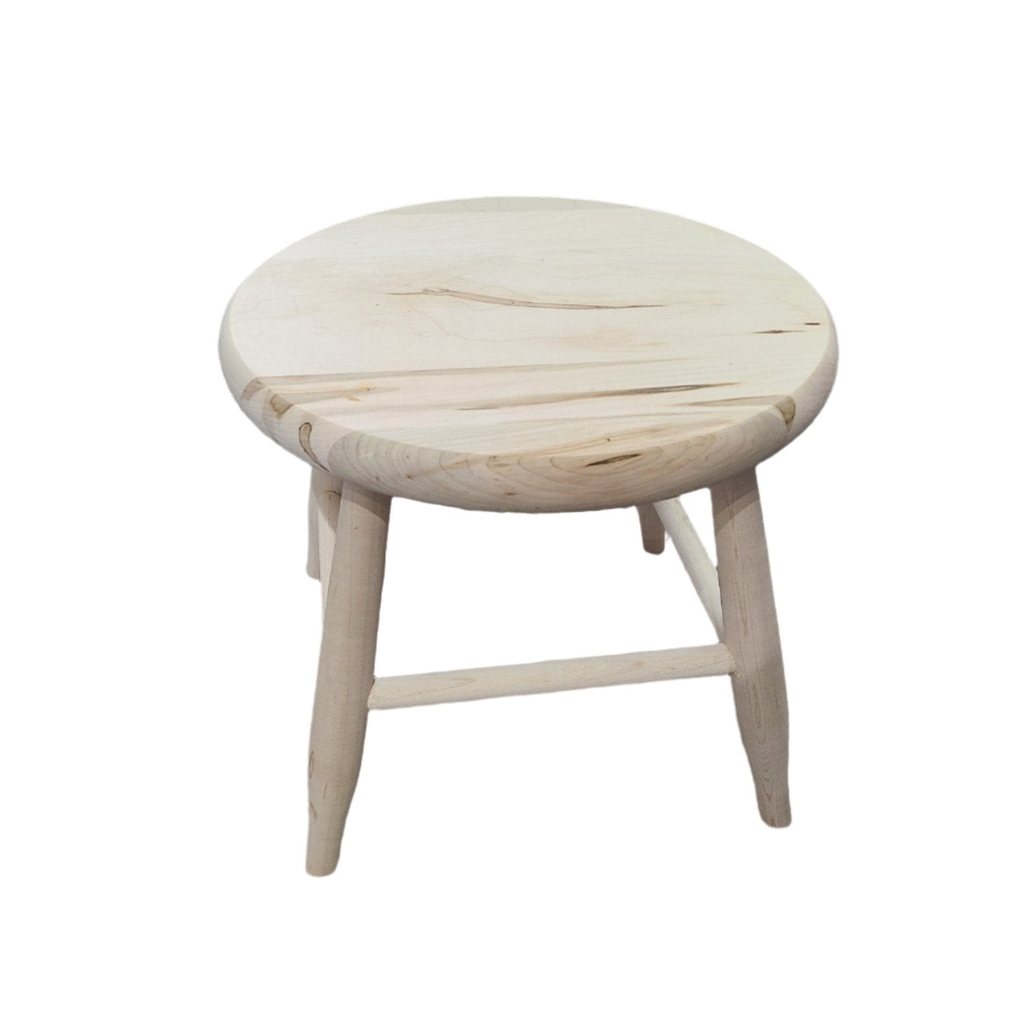 A round wooden stool with a smooth top and three-legged base, made from light-colored wood, placed against a white background.