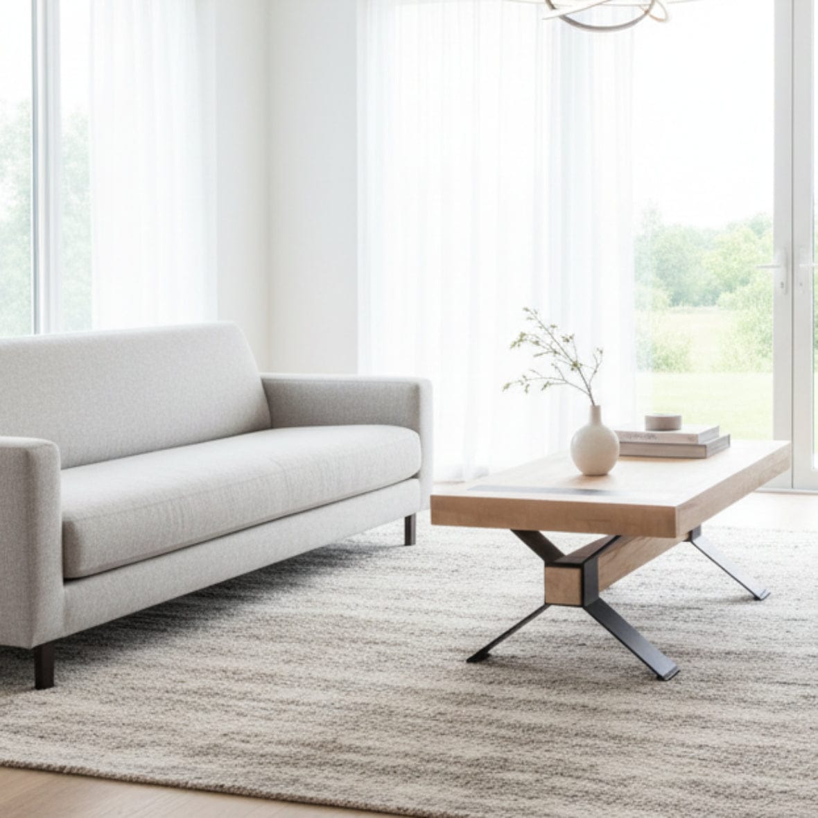 Wooden bench with black metal legs on a gray background