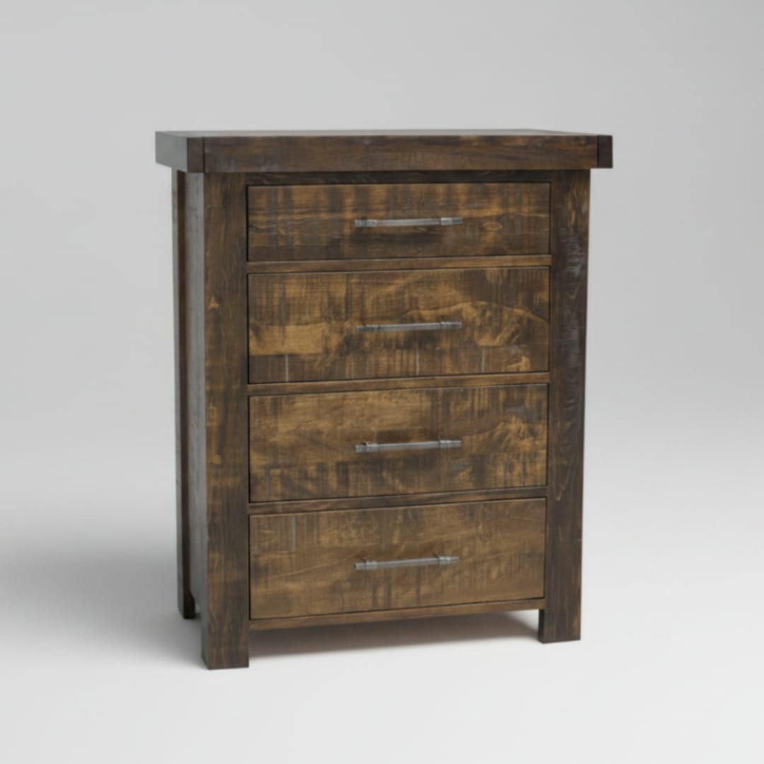 Wooden dresser with four drawers on a white background