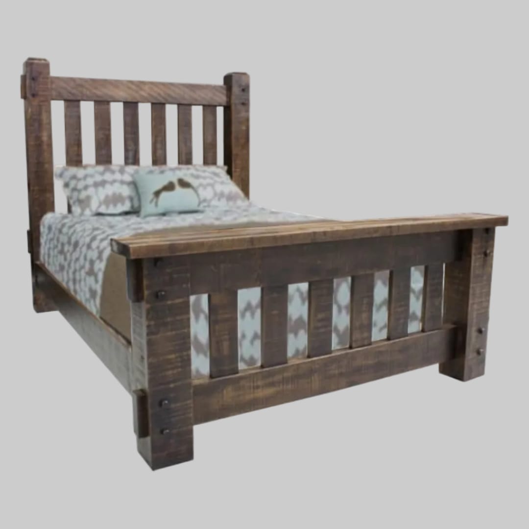 A rustic dark brown wooden bed frame with a slatted headboard and footboard, shown with patterned bedding and pillows on a white background.