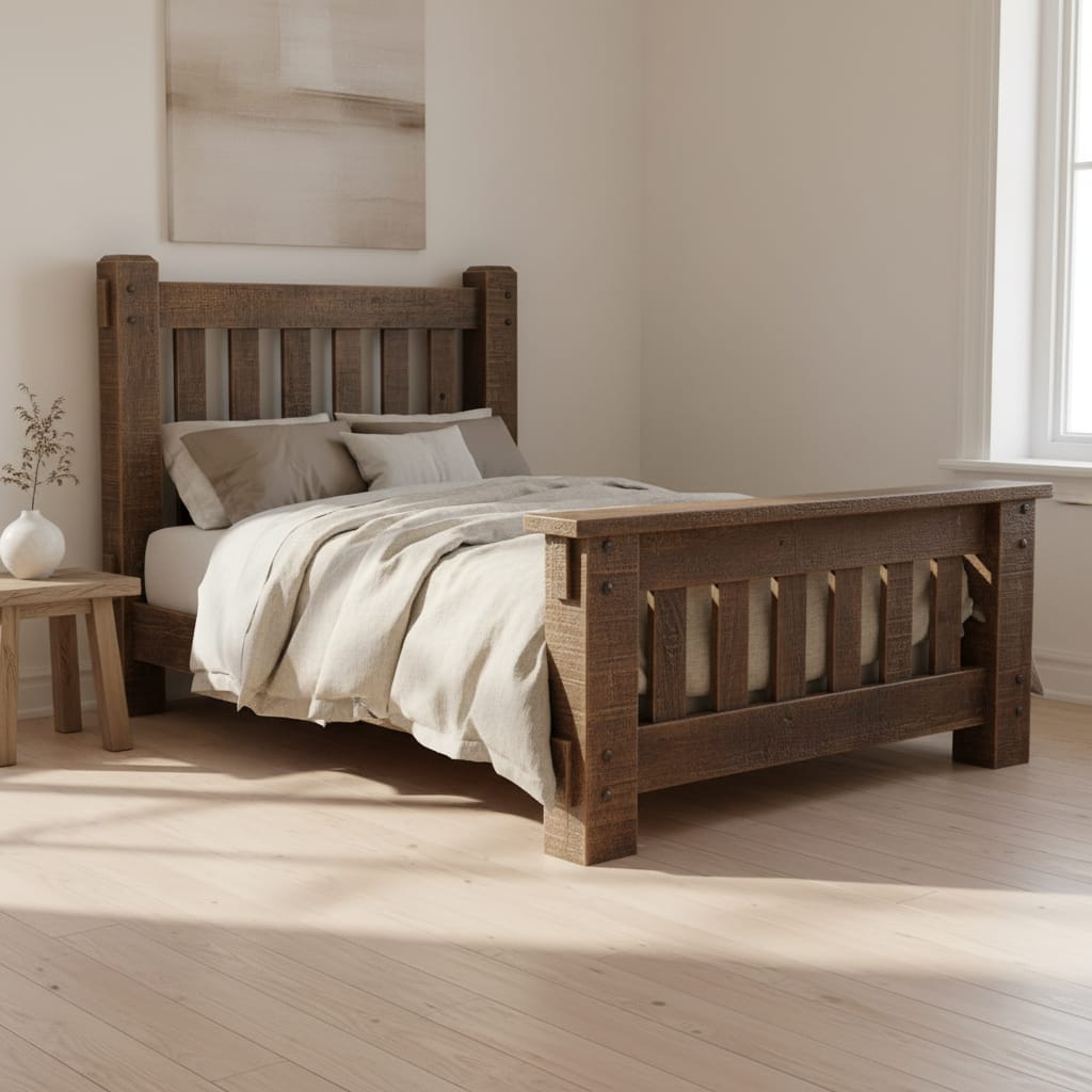 A rustic dark brown wooden bed frame with a slatted headboard and footboard, shown with patterned bedding and pillows on a white background.