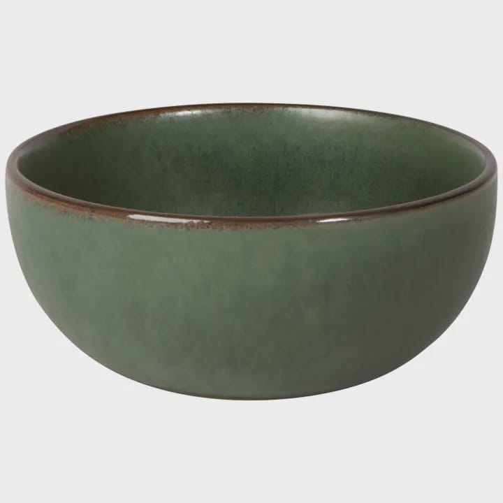 A round ceramic bowl with a matte sage green glaze and a contrasting rustic brown rim, shown against a plain light gray background.