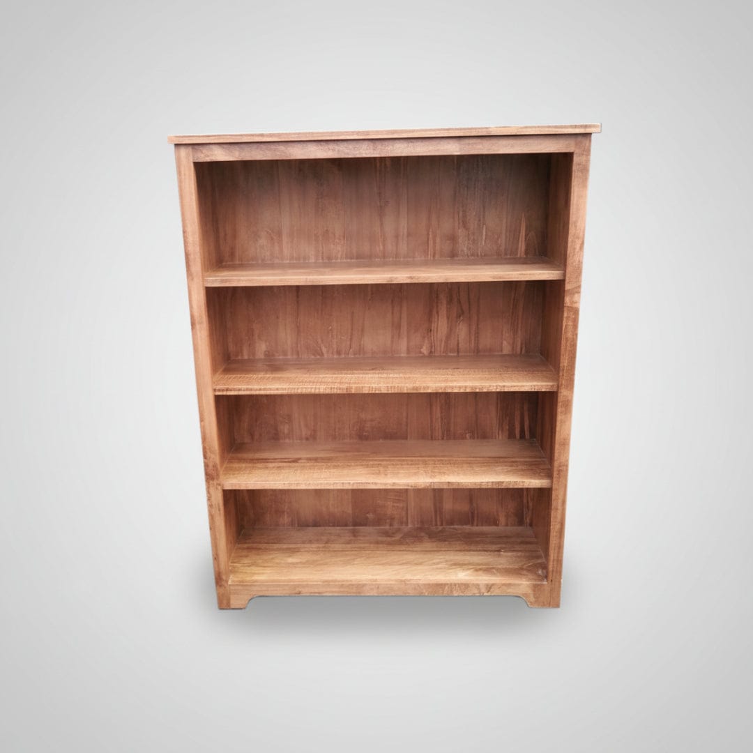 Wooden bookshelf with four shelves on a white background