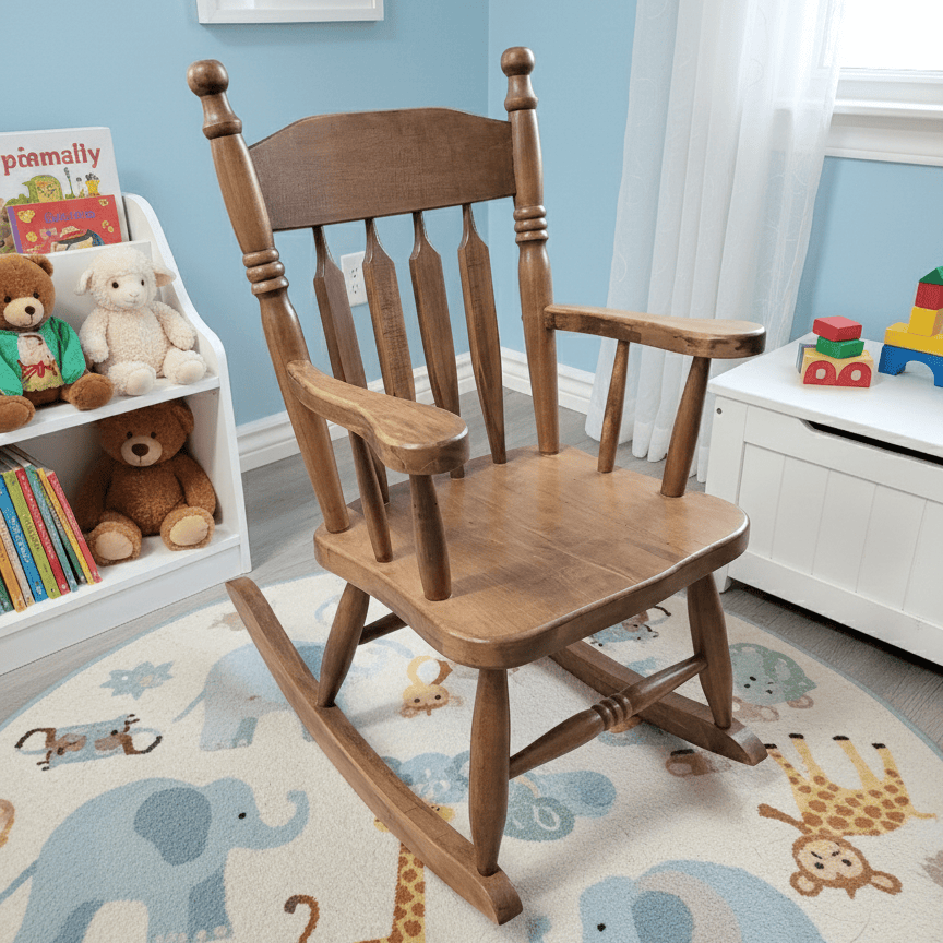 Wooden rocking chair in a child's room with toys and a colorful rug.