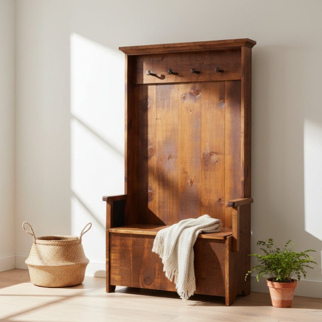 Wooden bench with backrest and coat hooks on a white background