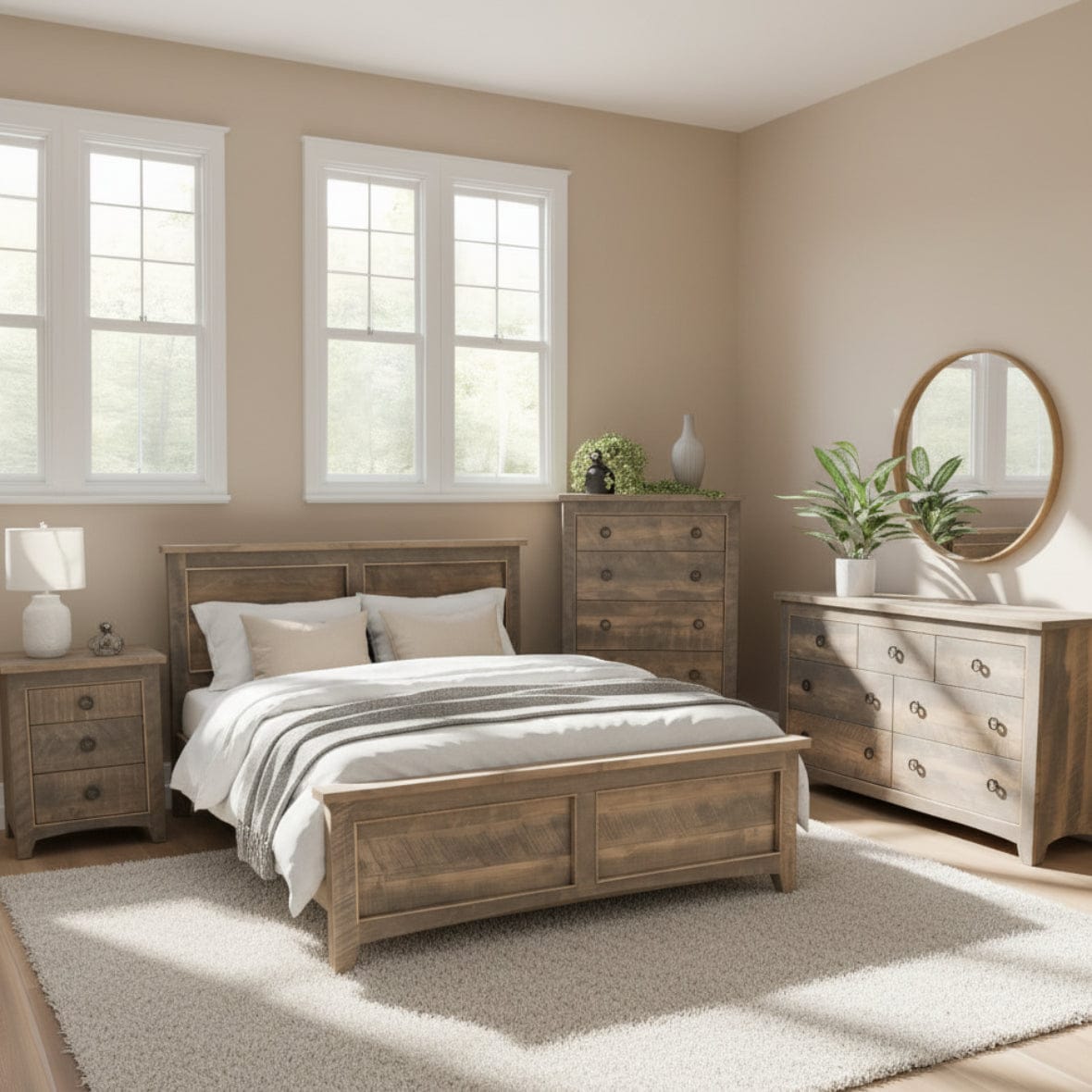 Wooden bedroom furniture set with bed, nightstands, and dresser against a brick wall.