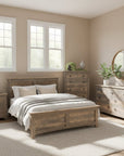 Wooden bedroom furniture set with bed, nightstands, and dresser against a brick wall.
