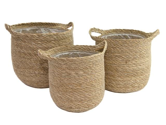 Three woven jute planters of different sizes on a white background