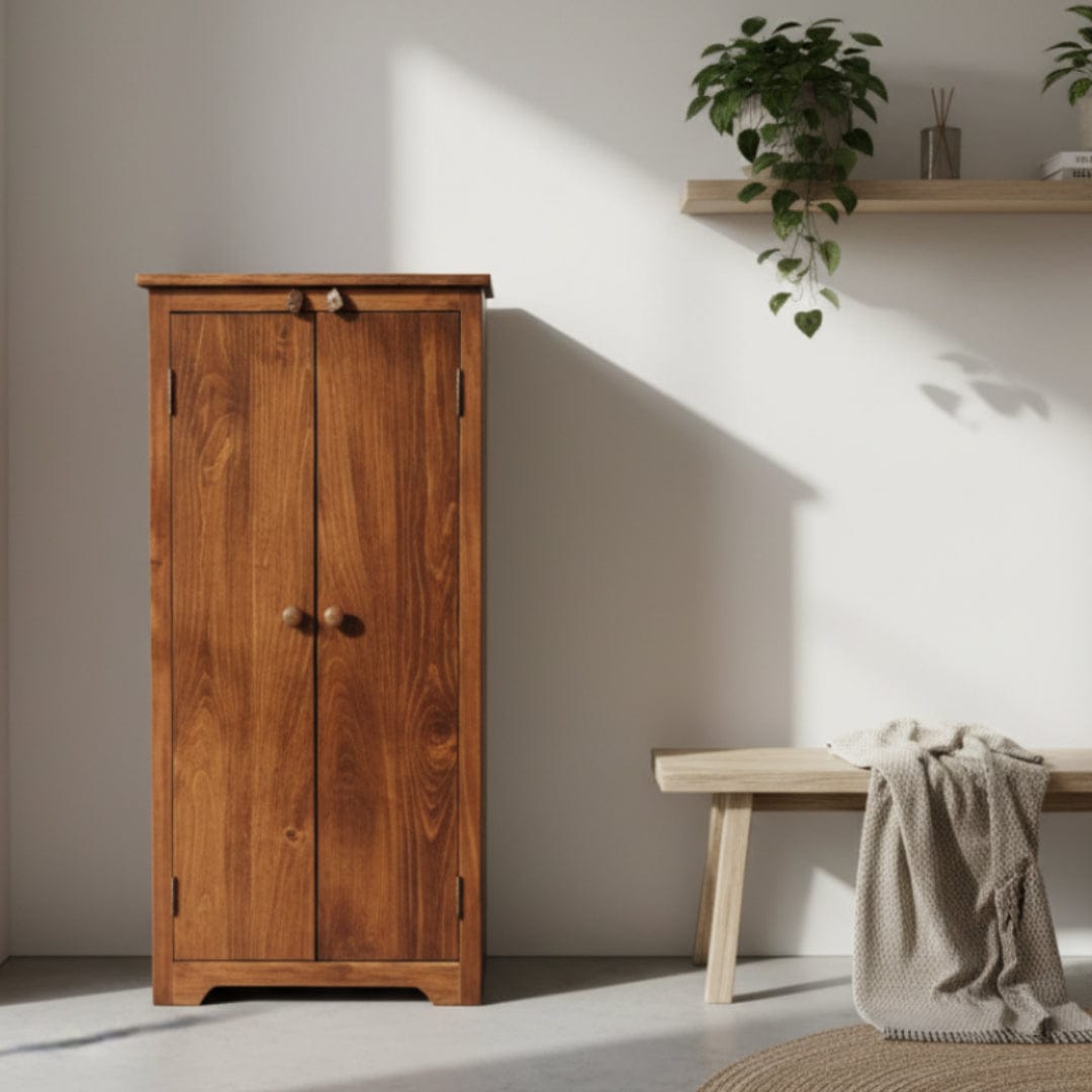 Wooden cabinet with two doors on a gray background