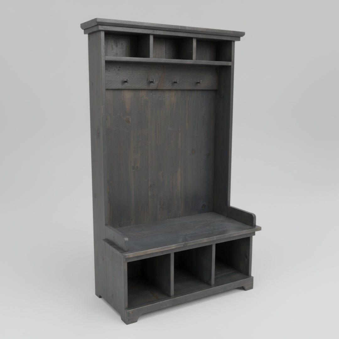 Dark wooden bench with storage compartments outdoors