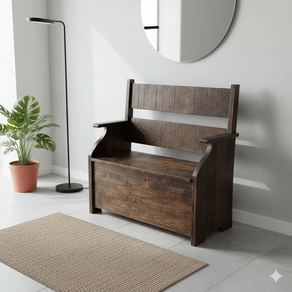 Wooden bench in a room with a plant and lamp