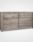 A gray Sequoia 6-drawer dresser made of Canadian solid wood, with a rustic design.
