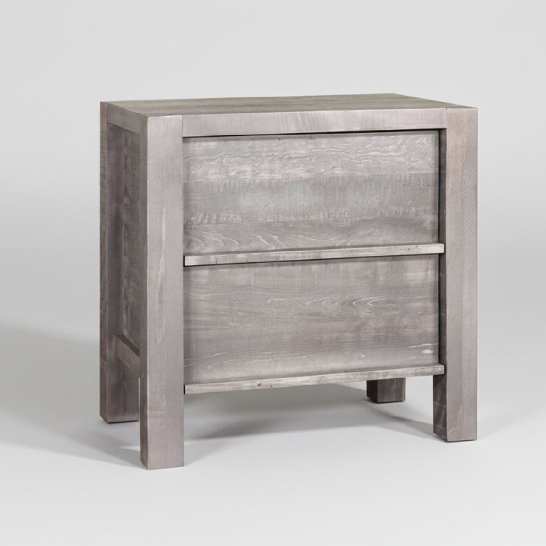 A gray Sequoia nightstand with two drawers, made of Canadian solid wood, with a rustic design.