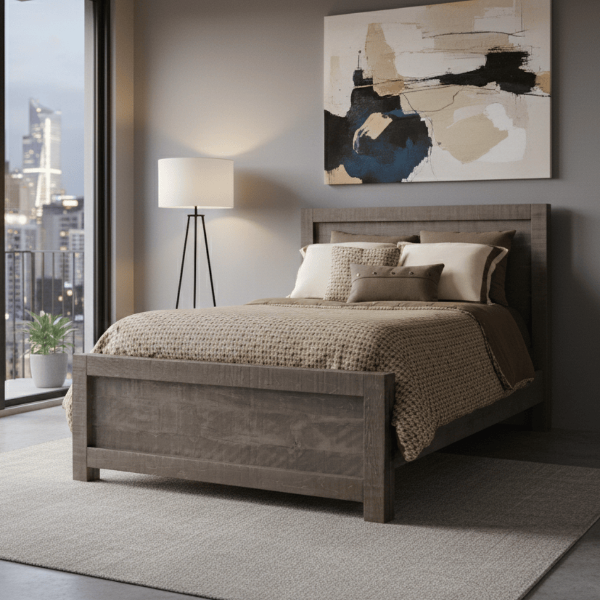 Modern bedroom with wooden bed, abstract art, and city view