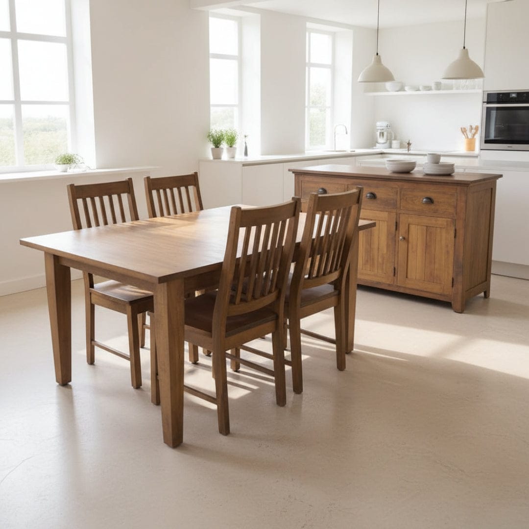 Wooden dining set with table and chairs on a paved surface with grass and trees in the background.