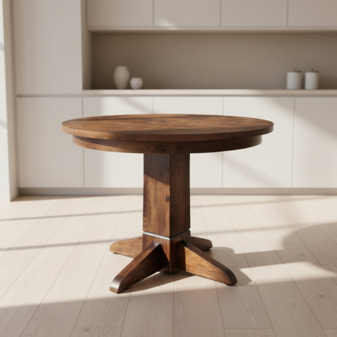 A round Shaker Single Pedestal Table made of Canadian solid wood, displaying a smooth wood texture finish.