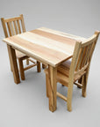 Wooden dining table with two chairs on a white background