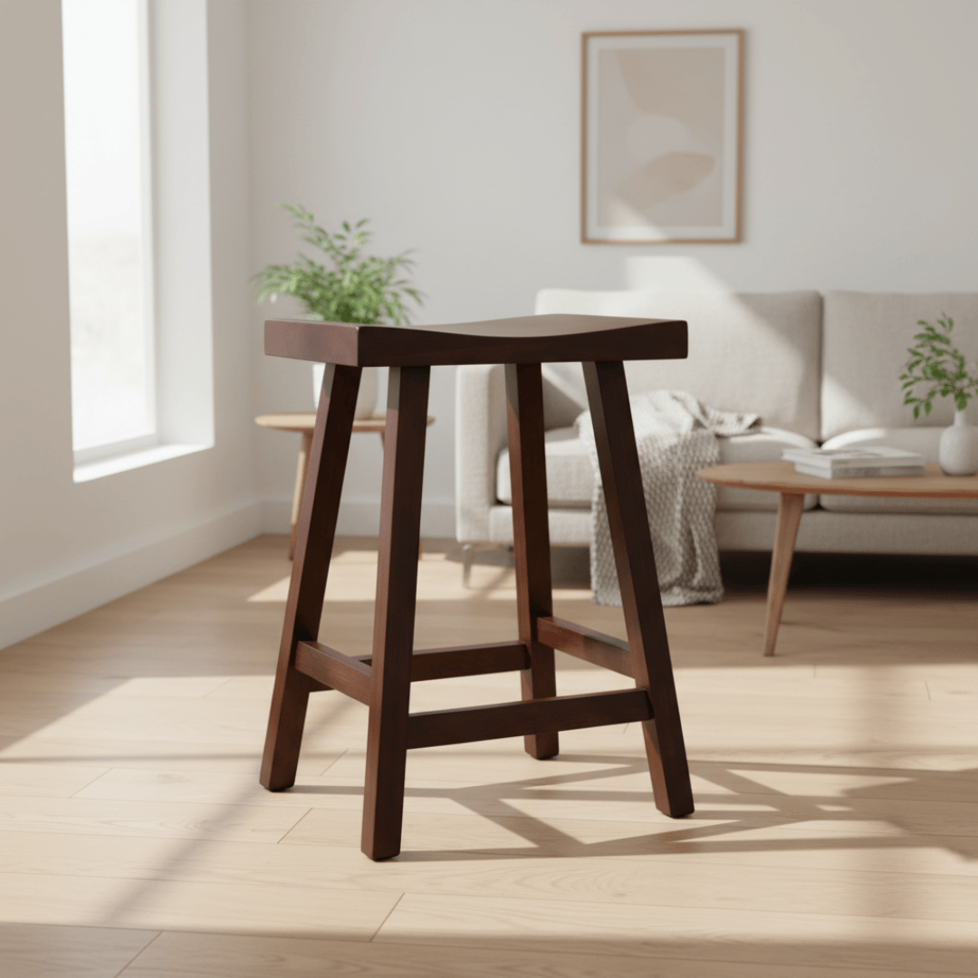 Wooden bar stool with curved seat on a white background