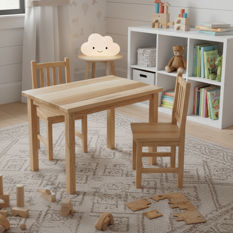 Children's wooden table and chairs in a room with toys and books.
