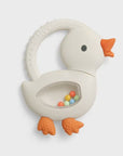 Toy duck with colorful beads inside on a white background