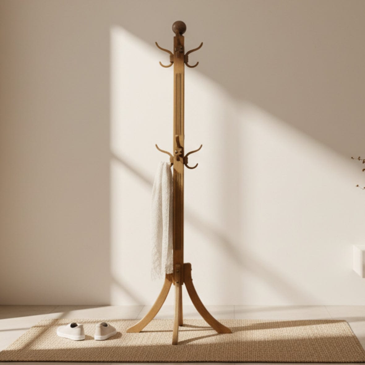 Wooden coat stand with multiple hooks on a light gray background