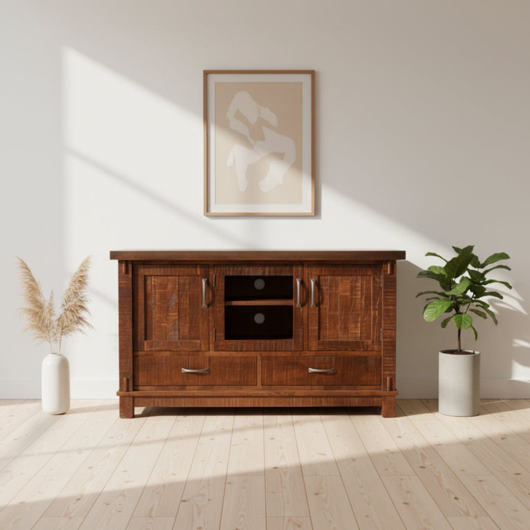 Wooden entertainment console on a white background