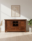 Wooden entertainment console on a white background