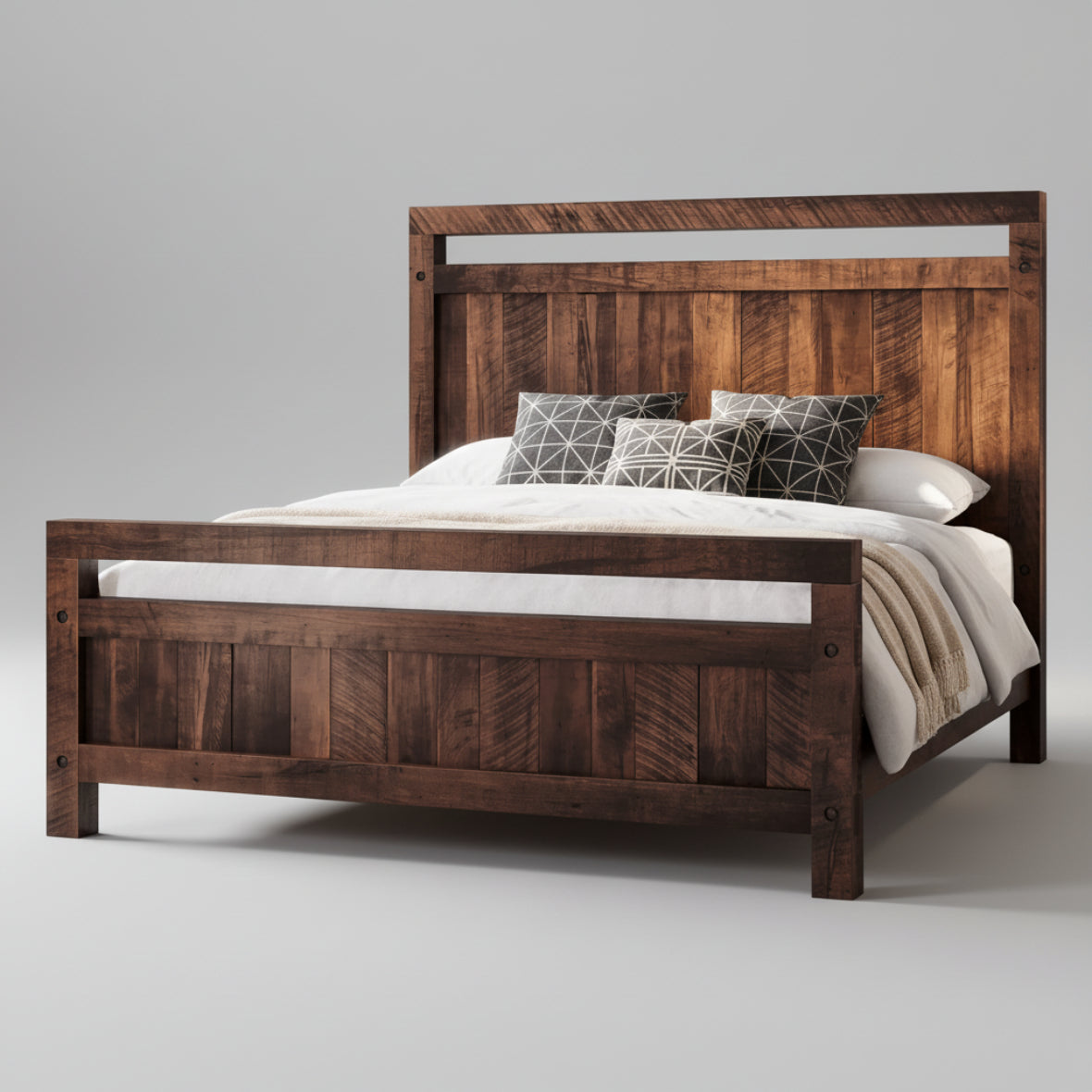 A rustic-style Timber Bed made of solid wood with a millsawn texture and bolt accents, shown with a white bedsheet and without a footboard.
