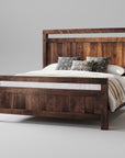 A rustic-style Timber Bed made of solid wood with a millsawn texture and bolt accents, shown with a white bedsheet and without a footboard.